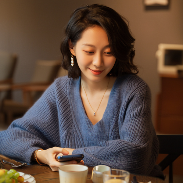 生活瞬间，美女，针织衫，家庭餐桌，4K超清，写实风格，温馨，柔和室内光，皮肤有质感，项链，耳环，手机。