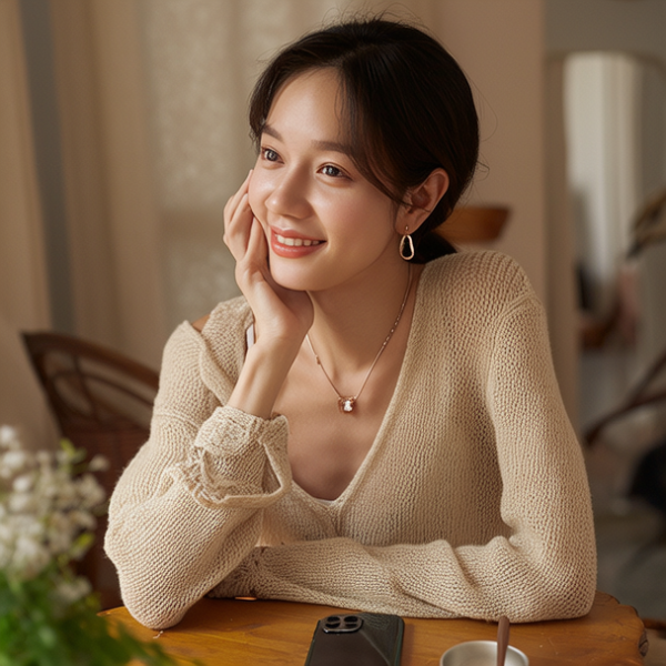 生活瞬间，美女，针织衫，家庭餐桌，4K超清，写实风格，温馨，柔和室内光，皮肤有质感，项链，耳环，手机。