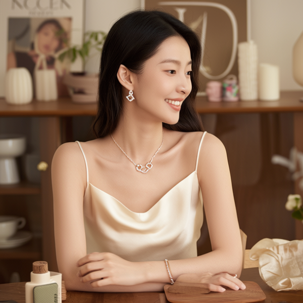 生活瞬间，美女，韩系美女，丝绸，美妆广告，家庭餐桌，4K超清，写实风格，温馨，柔和室内光，细腻皮肤，项链，耳环，手链。