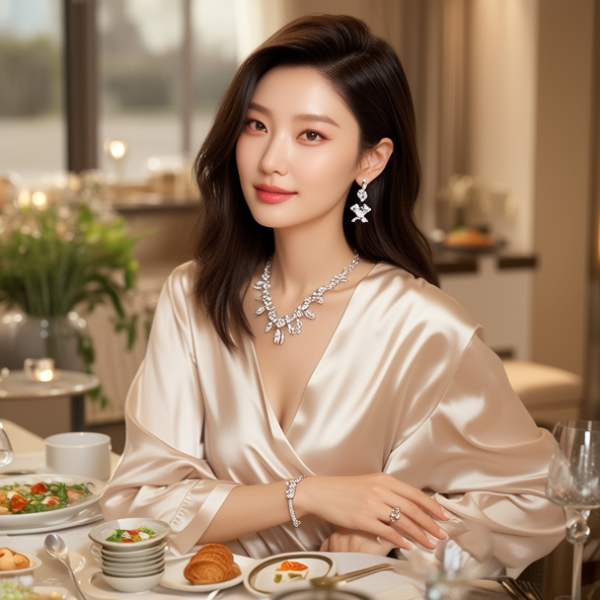 生活瞬间，美女，韩系美女，丝绸，美妆广告，家庭餐桌，4K超清，写实风格，温馨，柔和室内光，细腻皮肤，项链，耳环，手链。