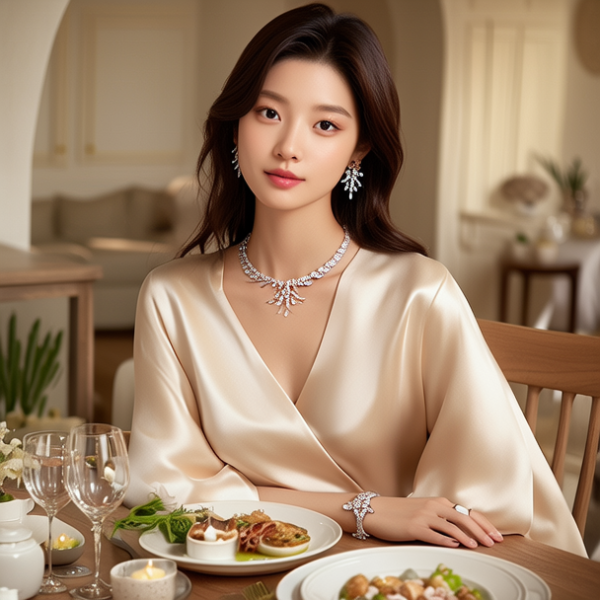 生活瞬间，美女，韩系美女，丝绸，美妆广告，家庭餐桌，4K超清，写实风格，温馨，柔和室内光，细腻皮肤，项链，耳环，手链。