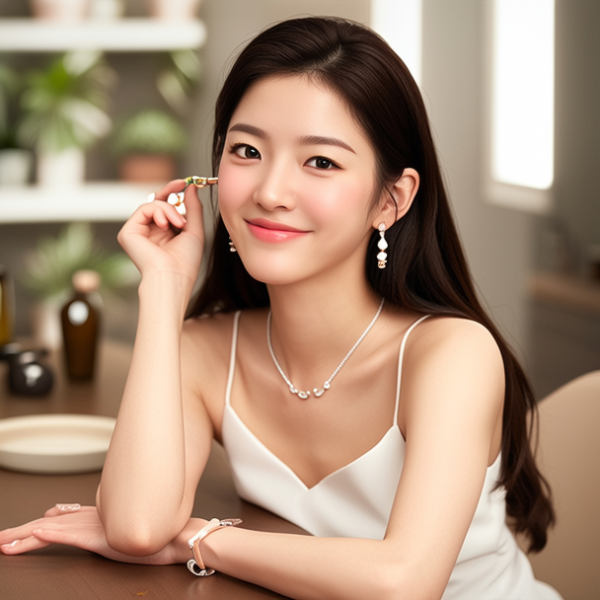 生活瞬间，美女，韩系美女，美妆广告，家庭餐桌，4K超清，写实风格，温馨，柔和室内光，细腻皮肤，项链，耳环，手链。
