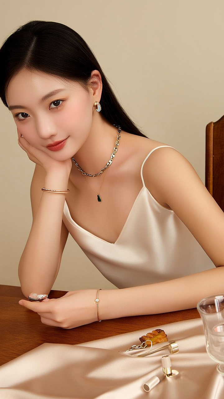 生活瞬间，美女，韩系美女，丝绸，美妆广告，家庭餐桌，4K超清，写实风格，温馨，柔和室内光，细腻皮肤，项链，耳环，手链。