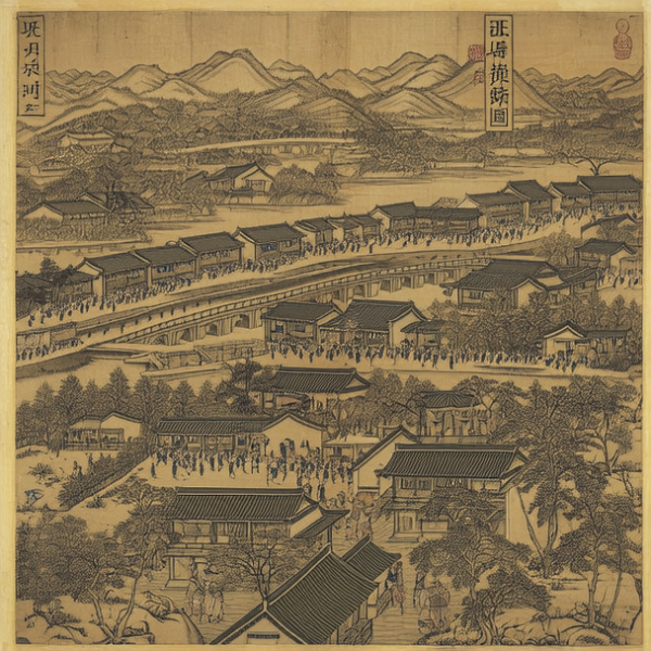 《清明上河图》：这幅画作是北宋时期张择端的杰作，以精致的笔触和细腻的线条描绘了北宋时期的城市景象和人民生活，展现了当时城市的繁荣景象。