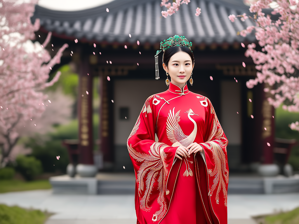 一位优雅的女性在古老的中国庭院中漫步，她身穿一件华丽的红色旗袍，旗袍上绣着金色的凤凰图案。她的头发被精心梳理并装饰着珍珠和翡翠。庭院中的樱花树在她周围盛开，落下的花瓣给画面增添了一种梦幻般的氛围。