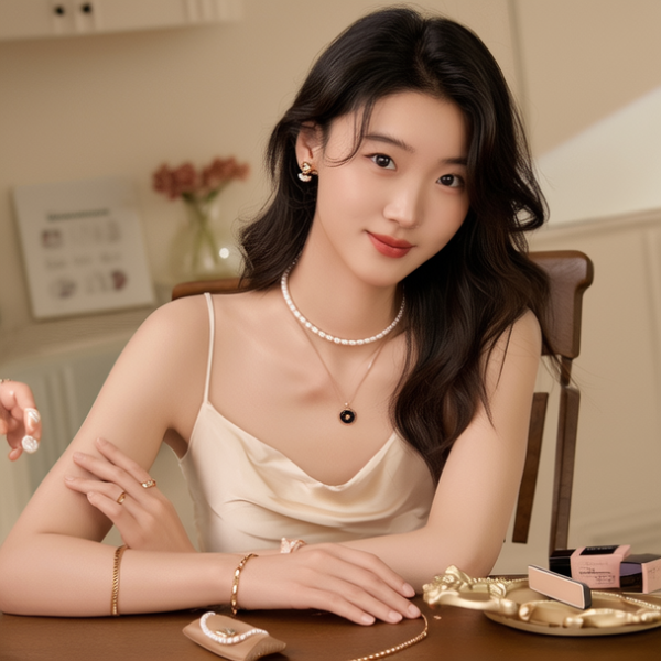 生活瞬间，美女，韩系美女，丝绸，美妆广告，家庭餐桌，4K超清，写实风格，温馨，柔和室内光，细腻皮肤，项链，耳环，手链。