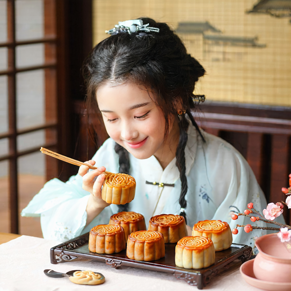 坐在桌子前吃月饼的小女孩儿