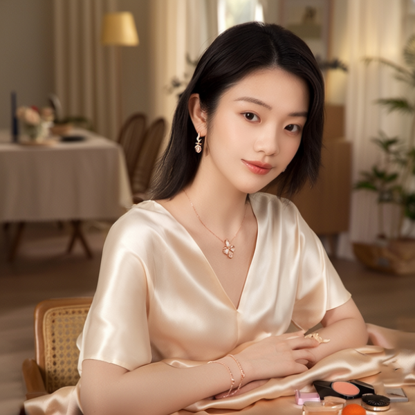 生活瞬间，美女，韩系美女，丝绸，美妆广告，家庭餐桌，4K超清，写实风格，温馨，柔和室内光，细腻皮肤，项链，耳环，手链。