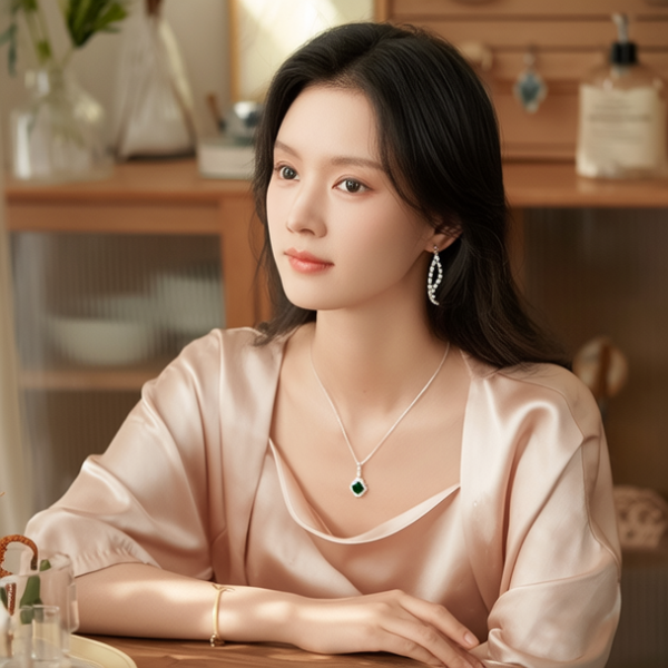 生活瞬间，美女，韩系美女，丝绸，美妆广告，家庭餐桌，4K超清，写实风格，温馨，柔和室内光，细腻皮肤，项链，耳环，手链。