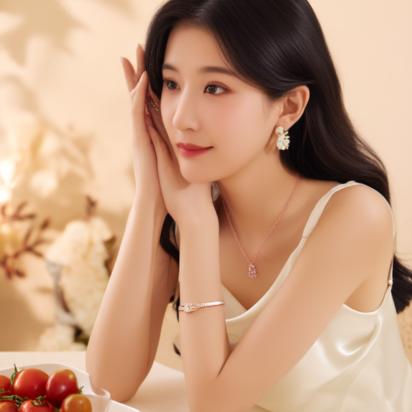 生活瞬间，美女，韩系美女，丝绸，美妆广告，家庭餐桌，4K超清，写实风格，温馨，柔和室内光，皮肤细腻，项链，耳环，手链。