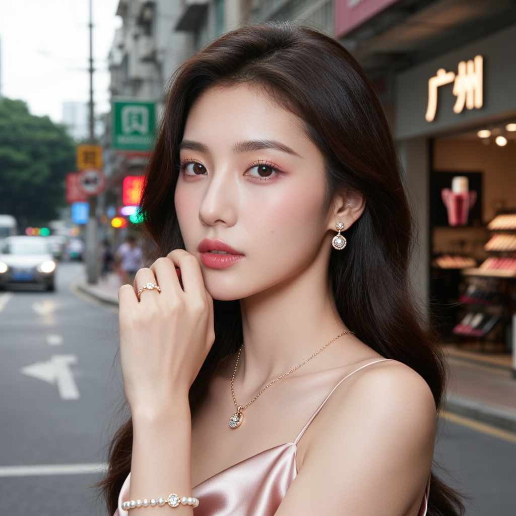 生活瞬间，美女，韩系美女，丝绸，美妆广告，广州街边，4K超清，写实风格，温馨，柔和室内光，皮肤细腻，项链，耳环，手链。